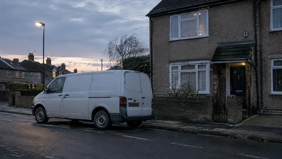 A plain unbranded van parked outside a British house at dusk