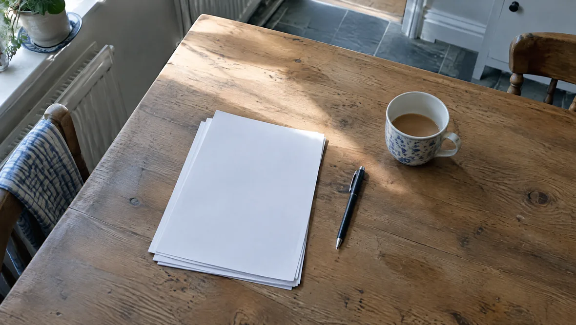 A kitchen table with blank paperwork and a mug